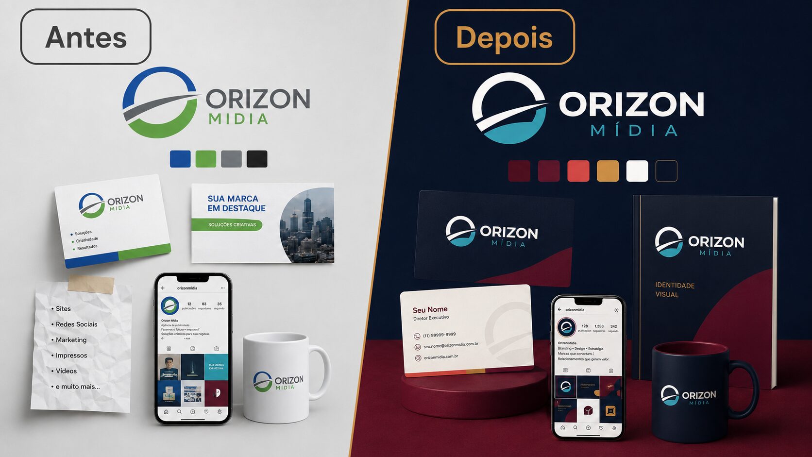 Antes e depois de branding da Orizon Mídia mostrando evolução de identidade visual e posicionamento de marca