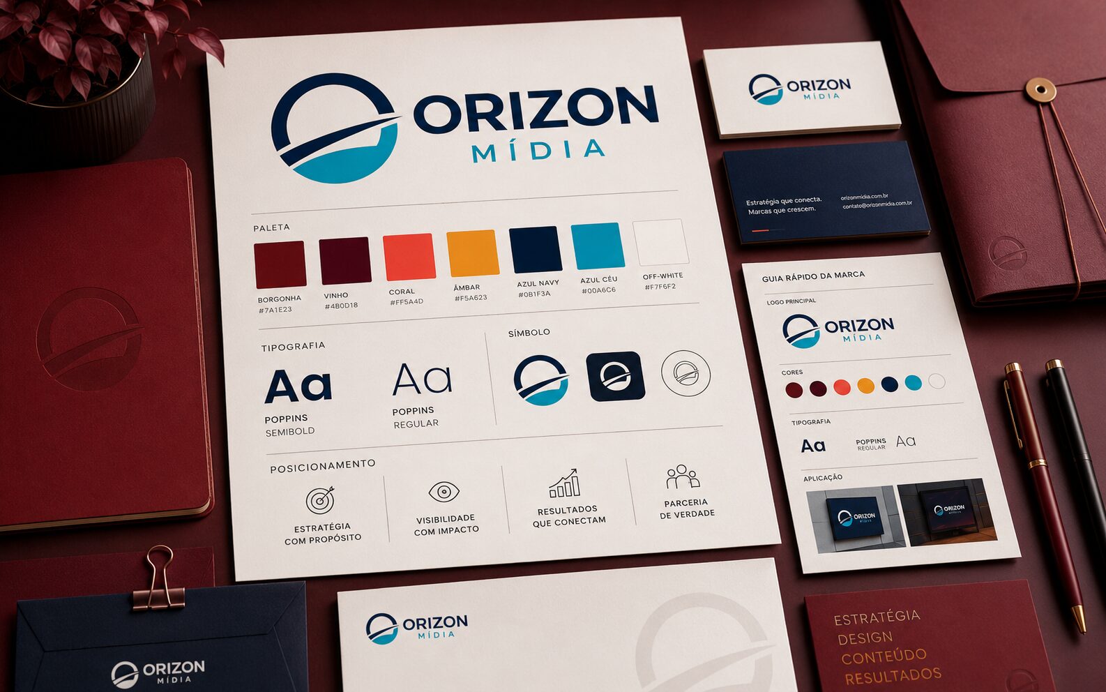 Brand board da Orizon Mídia com paleta de cores, tipografia, logotipo e aplicações de identidade visual