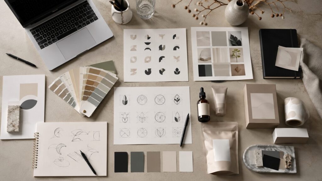 Mesa de branding com logotipo, paleta de cores e tipografia