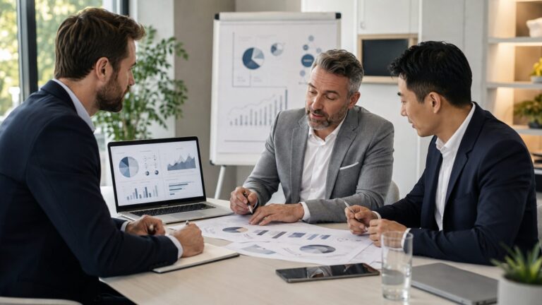 Empresários avaliando proposta de agência de marketing digital