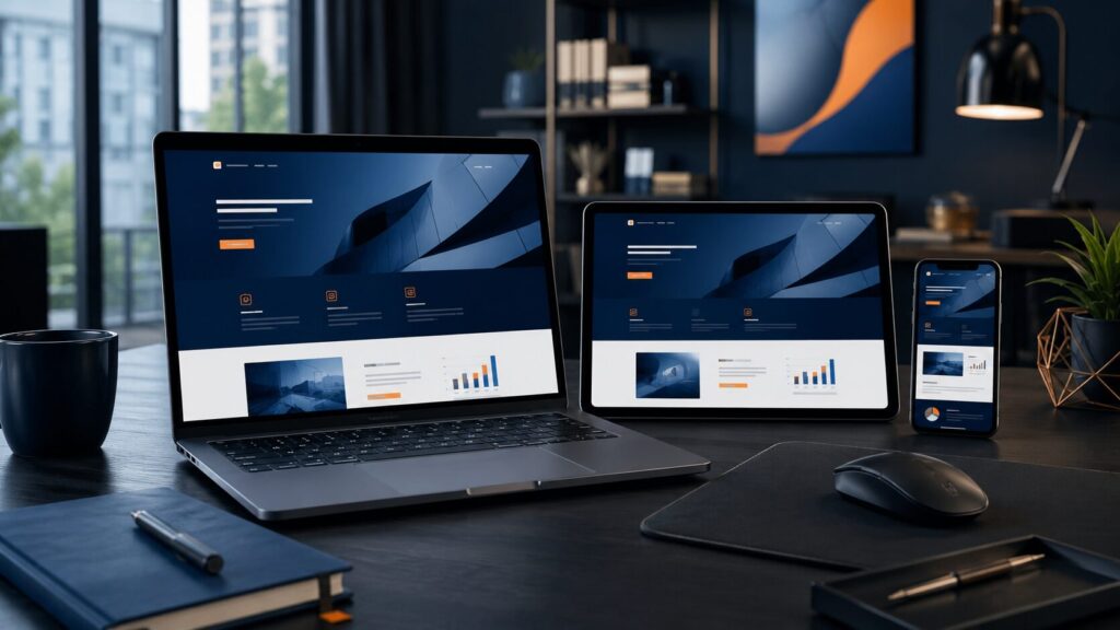 Site profissional aberto em diferentes dispositivos