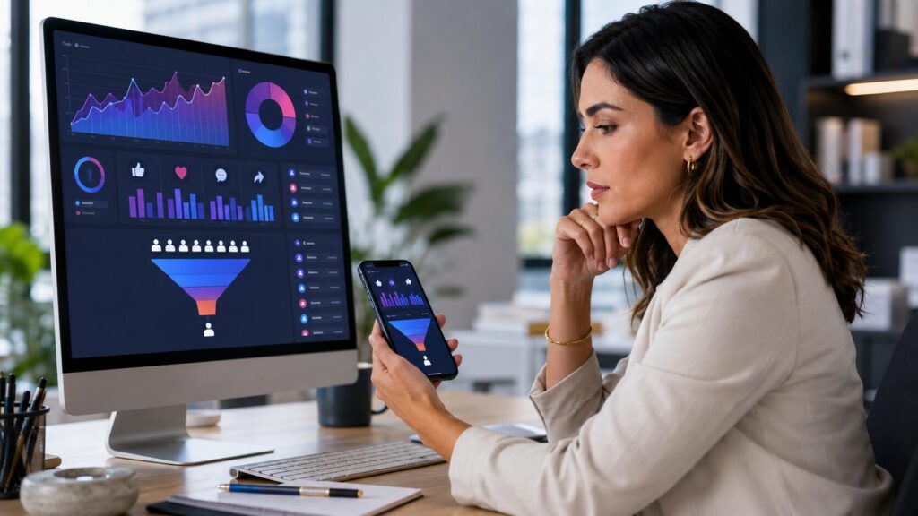 Empresária analisando baixa conversão de um perfil no Instagram