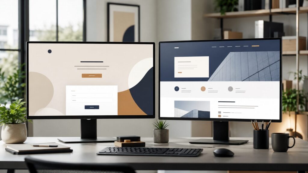 Comparação entre landing page focada e site institucional com várias páginas