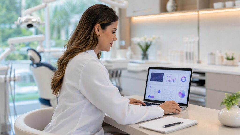 Dentista analisando presença digital da clínica