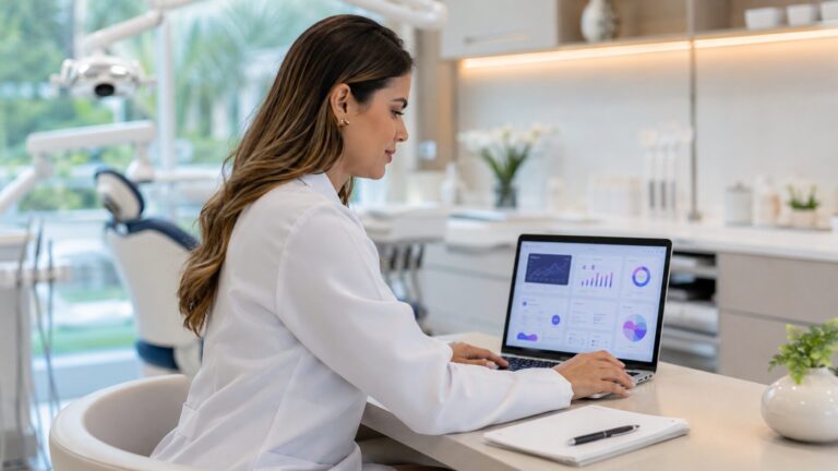 Dentista analisando presença digital da clínica