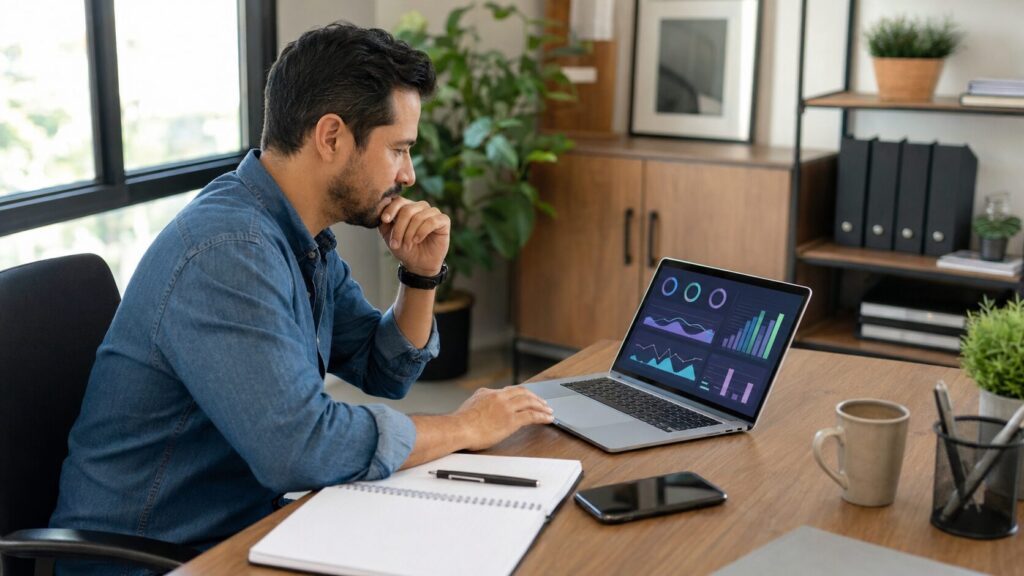 Empresário analisando campanha de tráfego pago em notebook