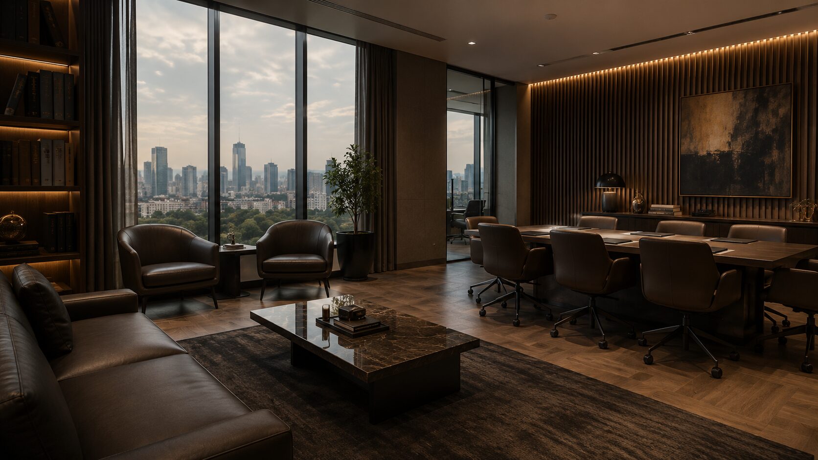 Escritório de advocacia contemporâneo com vista para a cidade