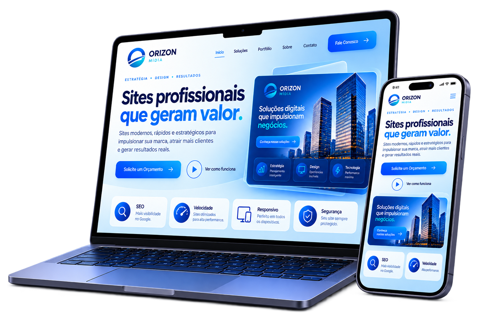 Site profissional responsivo da Orizon Mídia exibido em notebook e celular